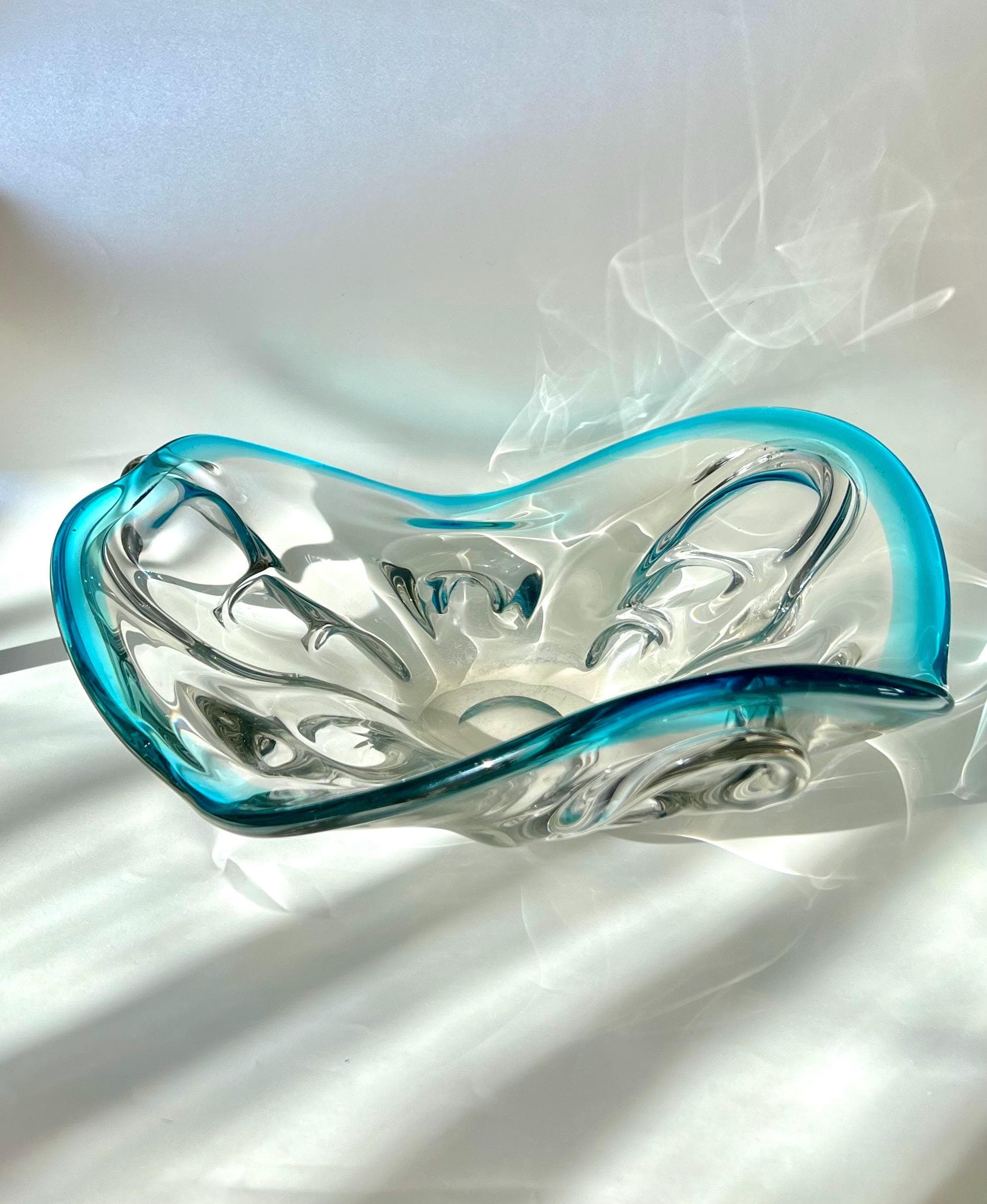 Vintage Murano Glass Centerpiece - Turquoise Rim Freeform Art Glass - Mid century home decor