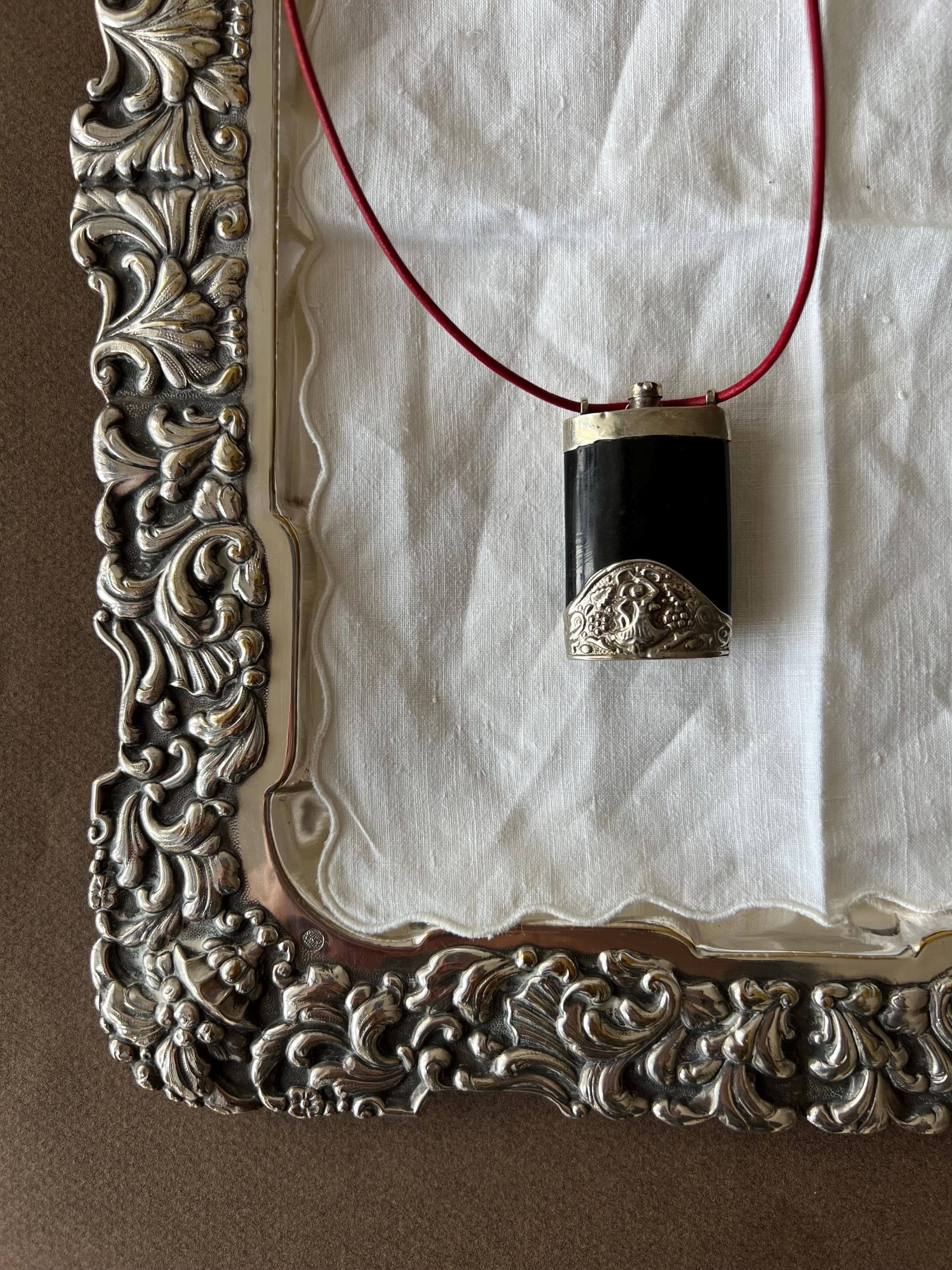 Rare Vintage Black Perfume Bottle With Ornate Silver-toned Metal Embossing