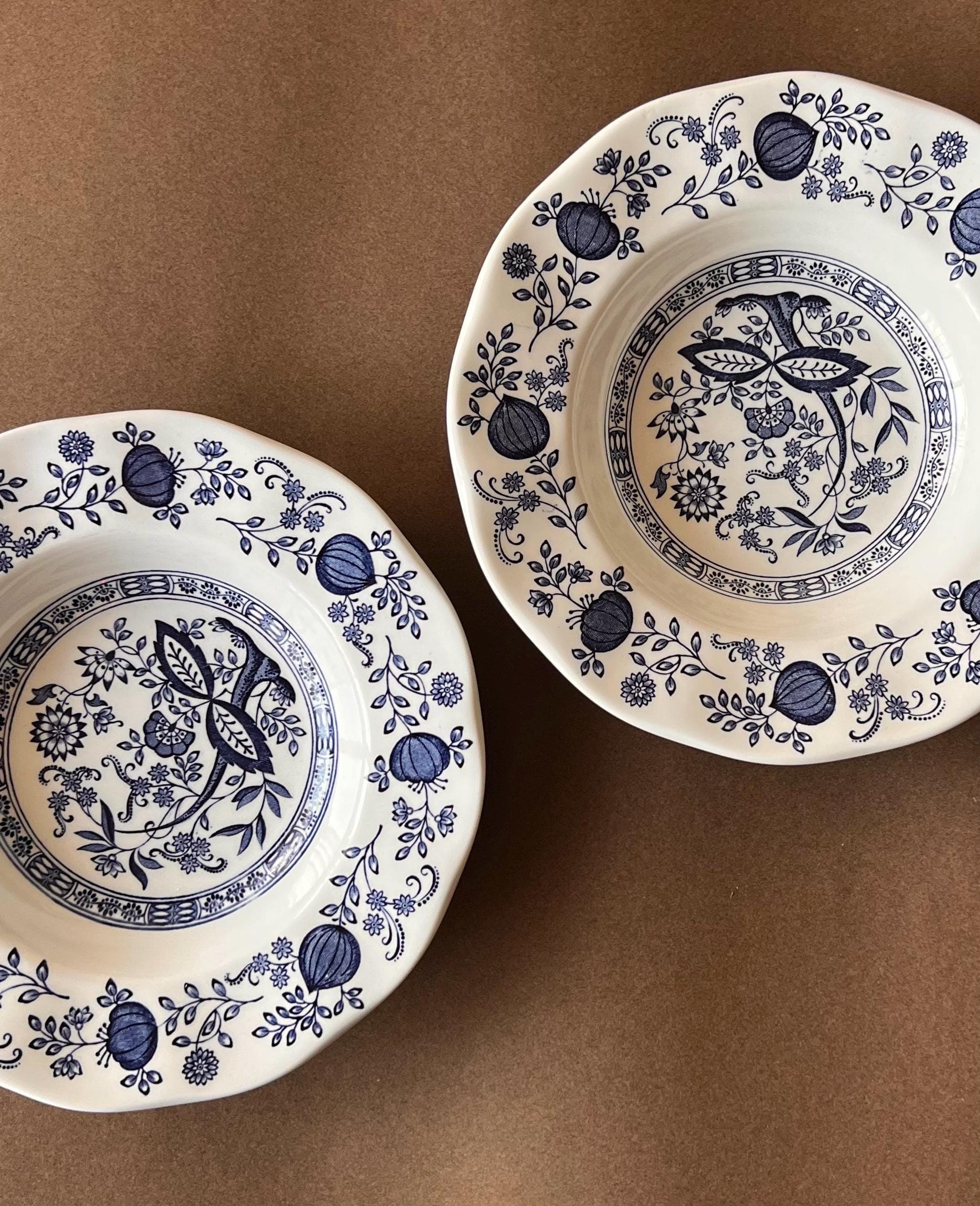 Vintage English Enoch Wedgwood Blue Heritage Onion Dinner Plates - Set of 4 Plates