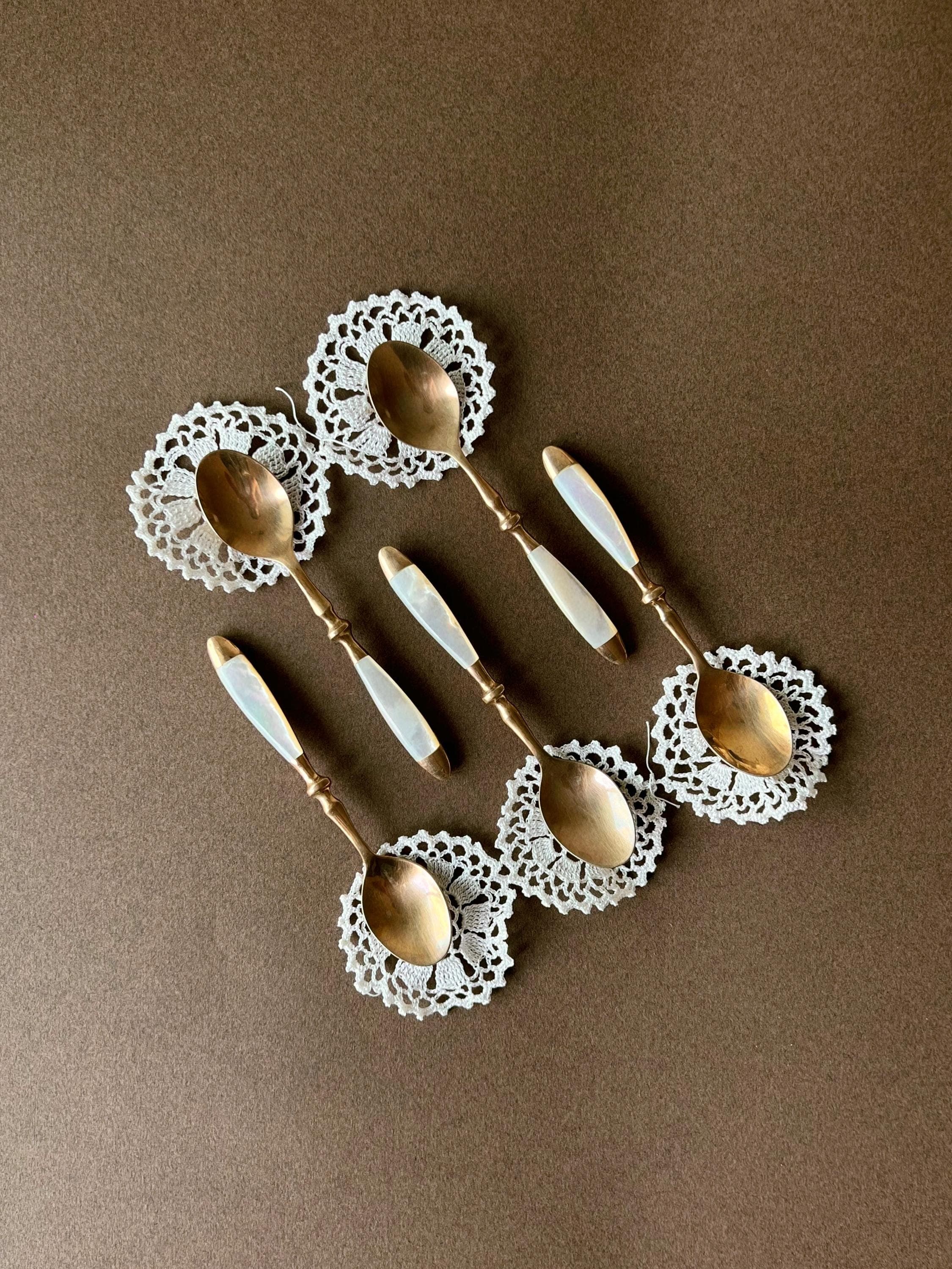 Vintage Bronze & Mother-of-Pearl Dessert Spoons – Set of 4